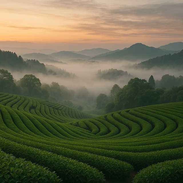 玉露の新芽を手摘みする茶農家